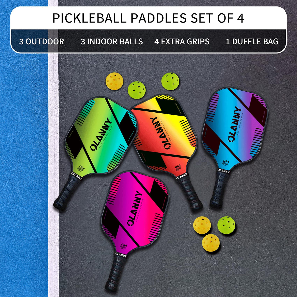 OLANNY Graphite Pickleball Set: 4 Paddles, Balls and Bag