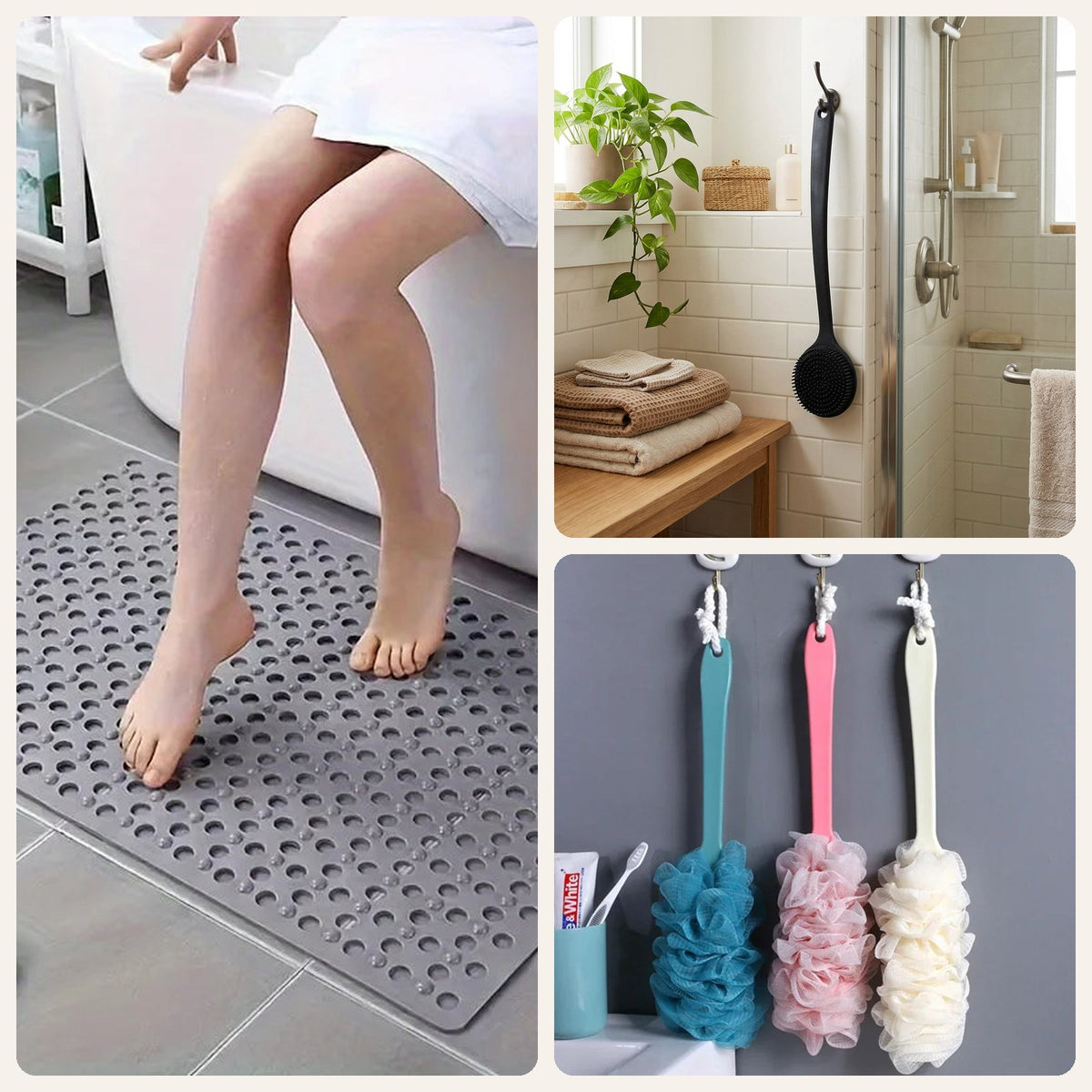 Bath Time Safety Kit: anti-slip shower mat, back scrubber and long-handle sponge