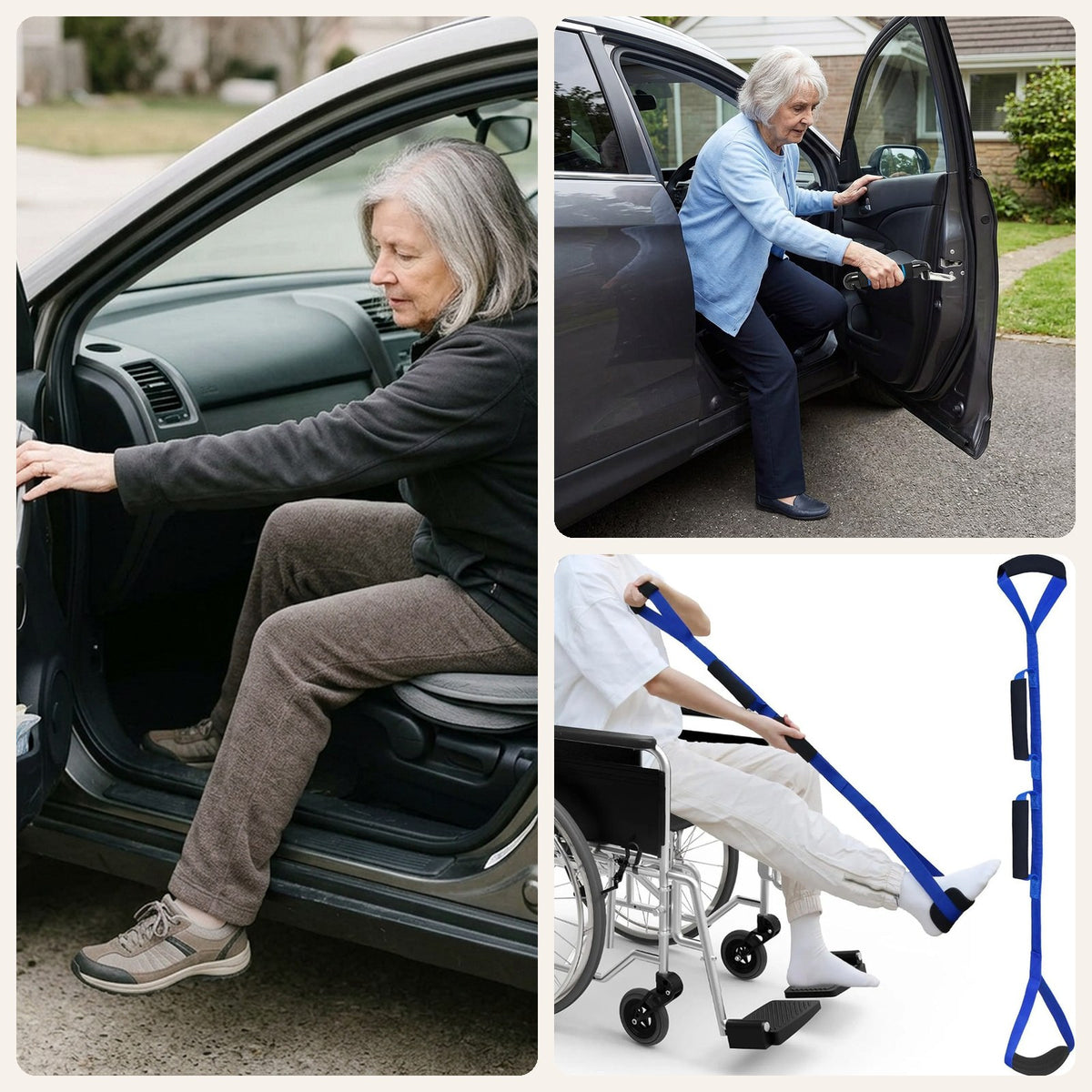 Easy Car Transfer Kit: swivel seat cushion, car assist handle and leg lifter strap