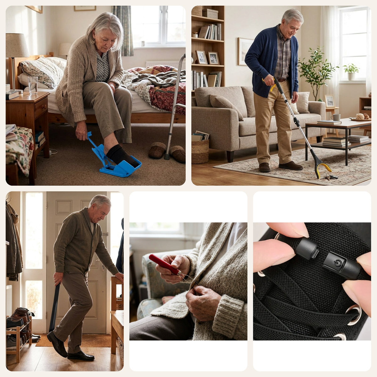 Dressing Made Easy Kit: sock aid, reacher, shoe horn, button hook and no-tie laces
