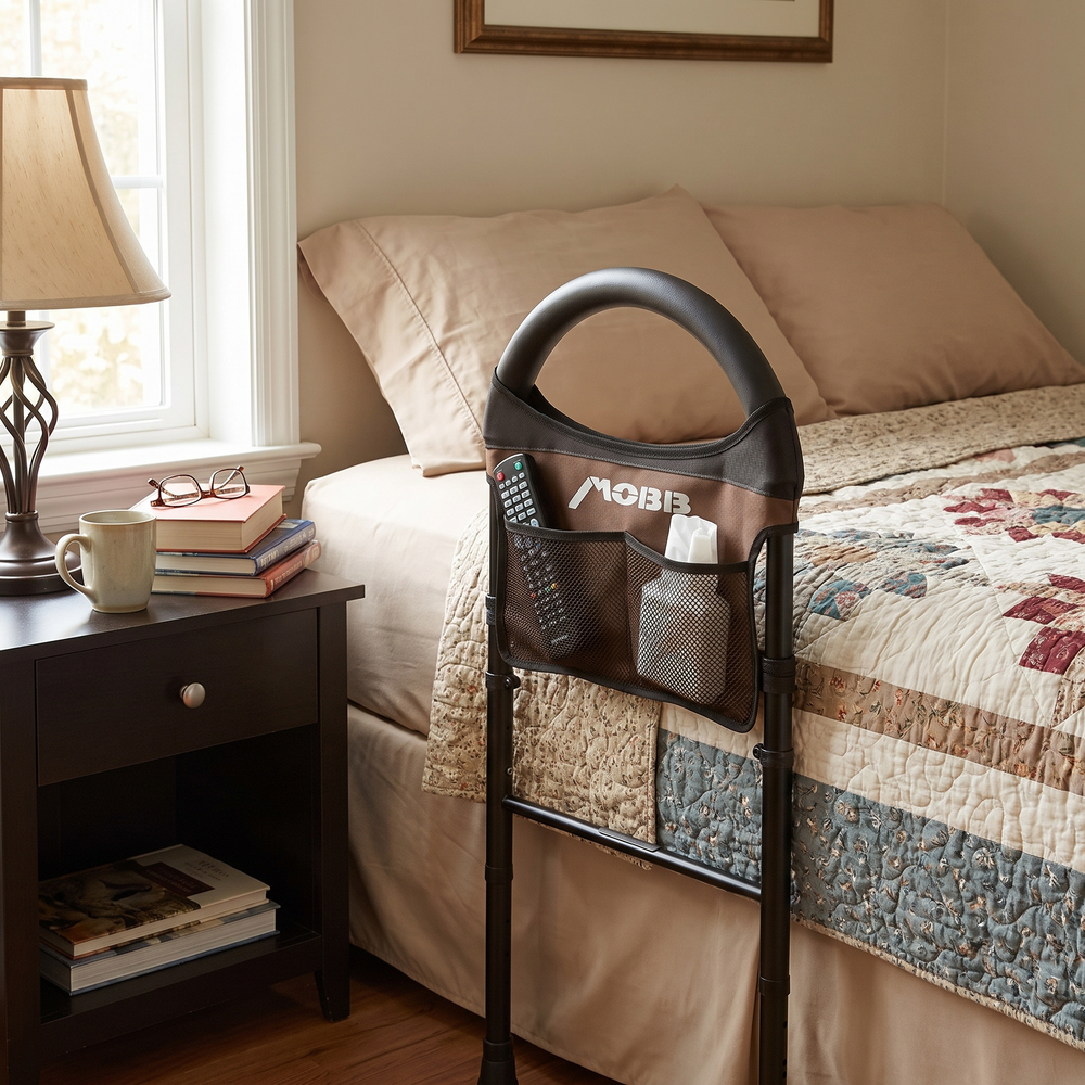 Bed assist rail beside a bed at home