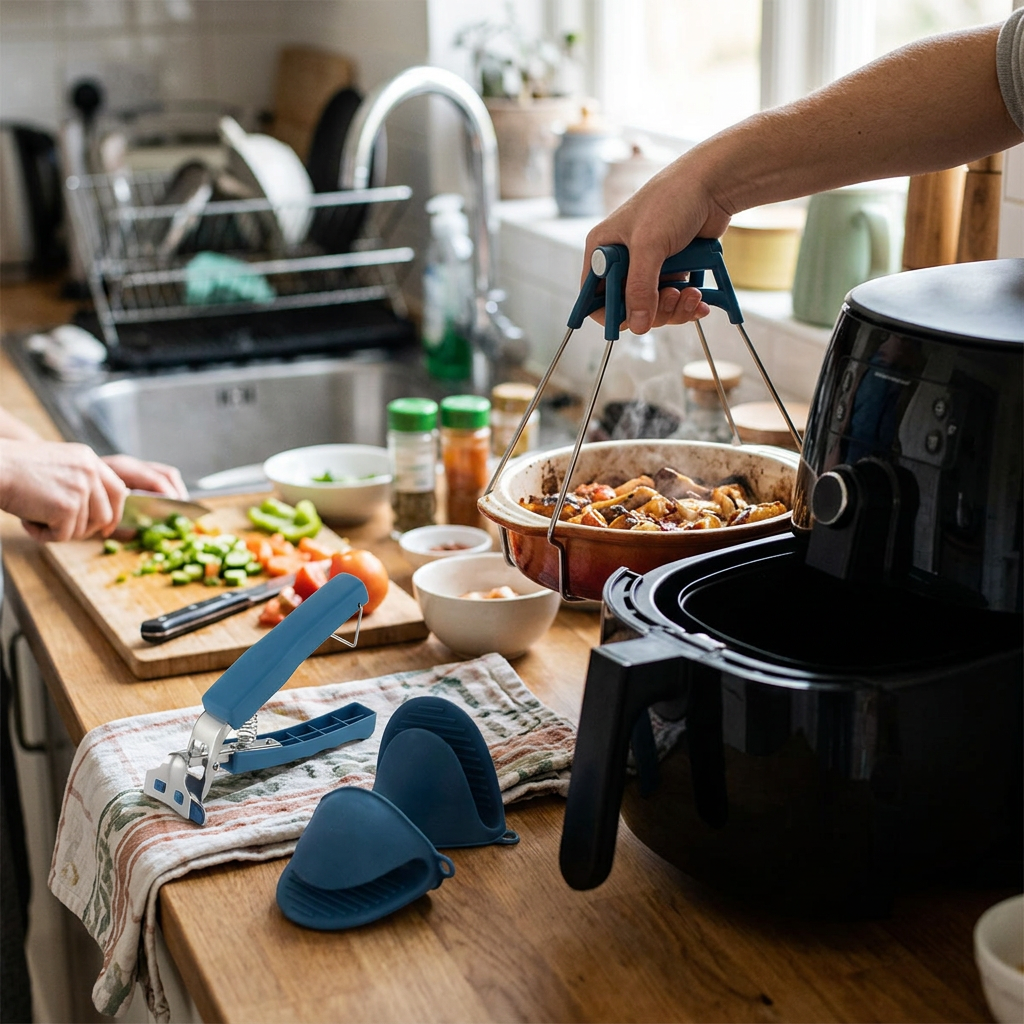 Hot dish lifting set in use beside an air fryer