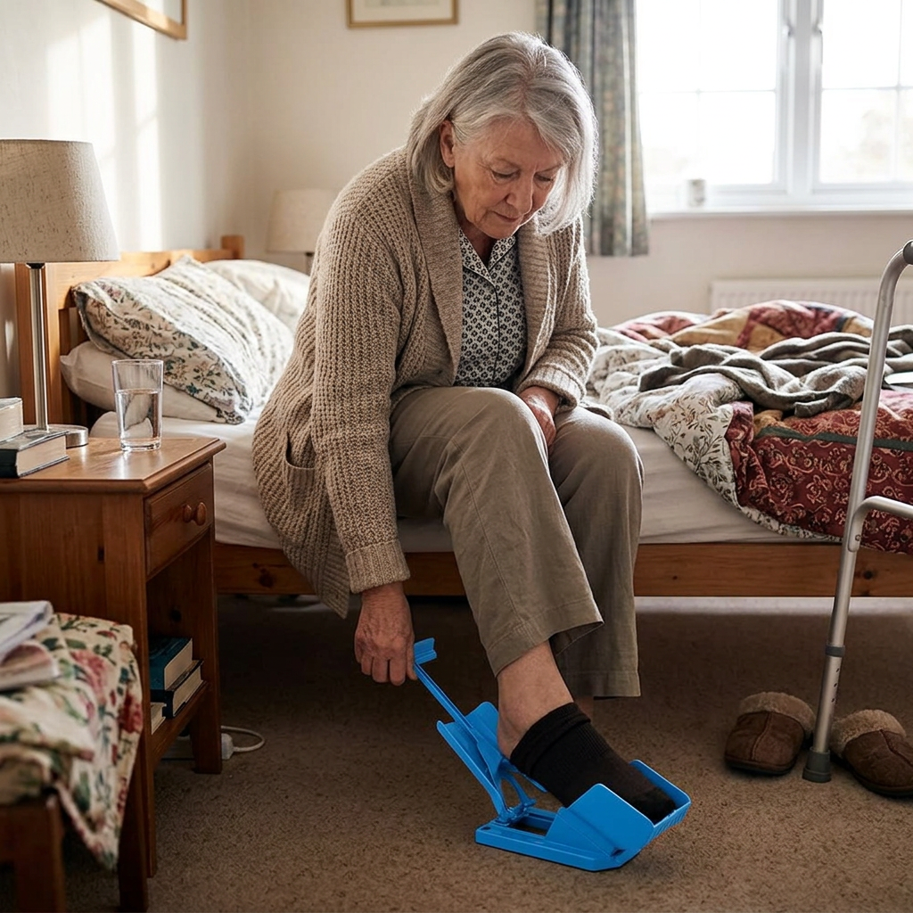Senior putting on a sock with a sock aid
