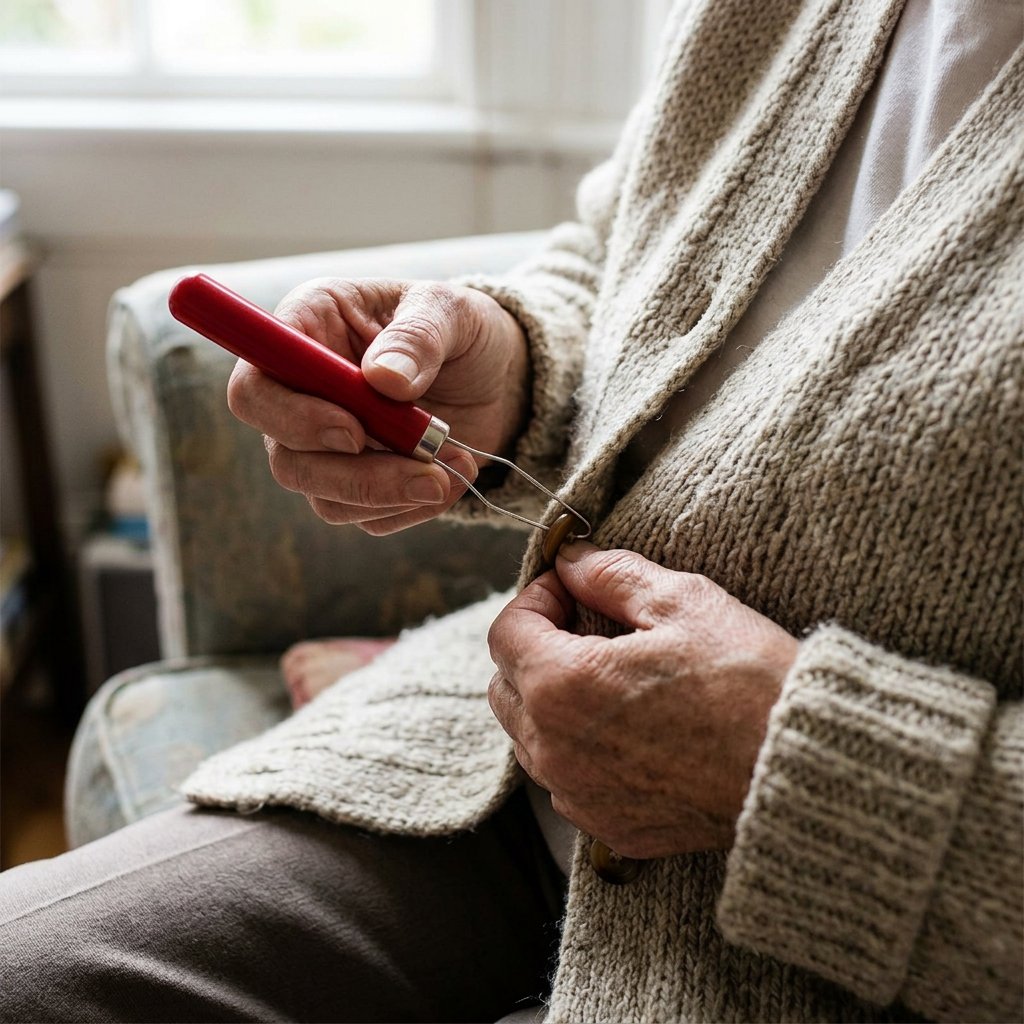 Easy-grip button hook used on a cardigan