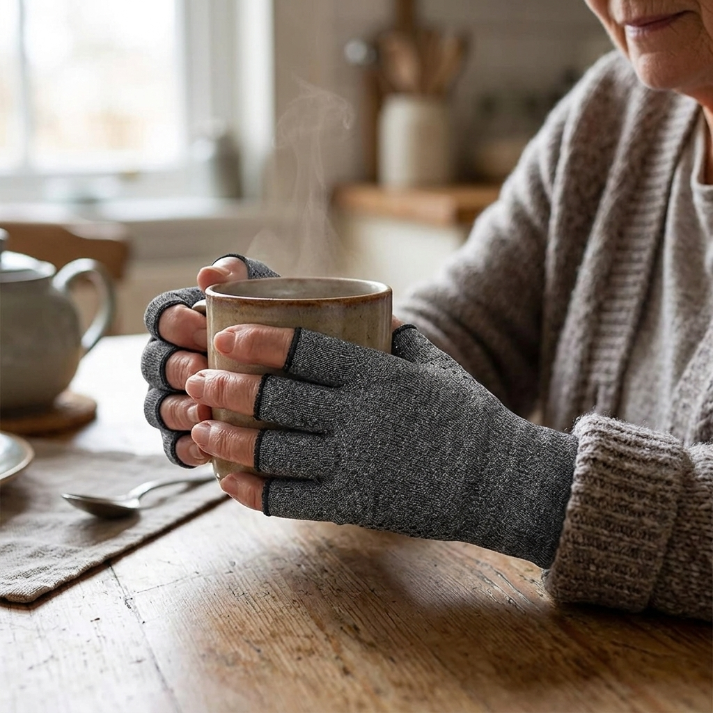 Arthritis compression gloves worn while holding a mug