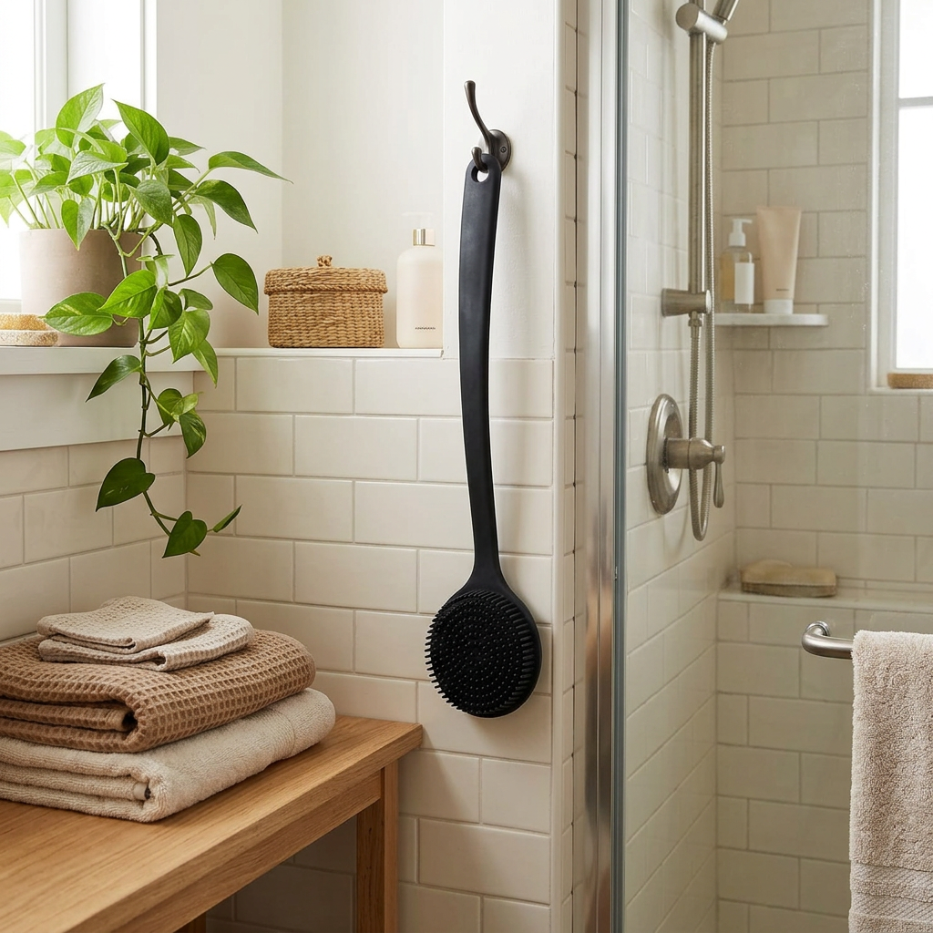 Long-handle back scrubber in a bright bathroom