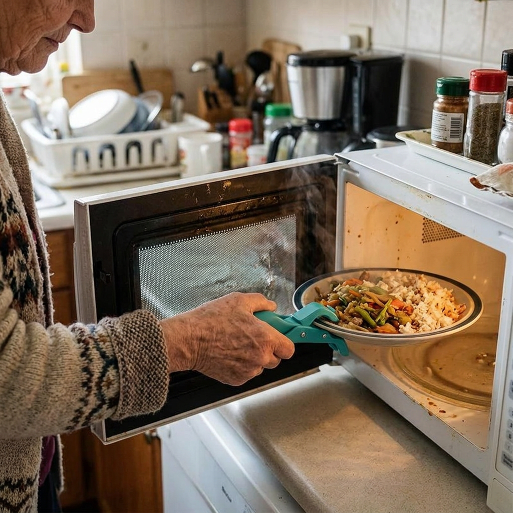 Gripper clip lifting a hot plate from the microwave
