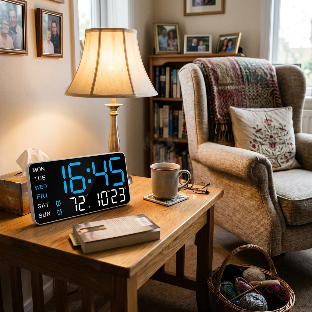 Large digital day and date clock in a living room