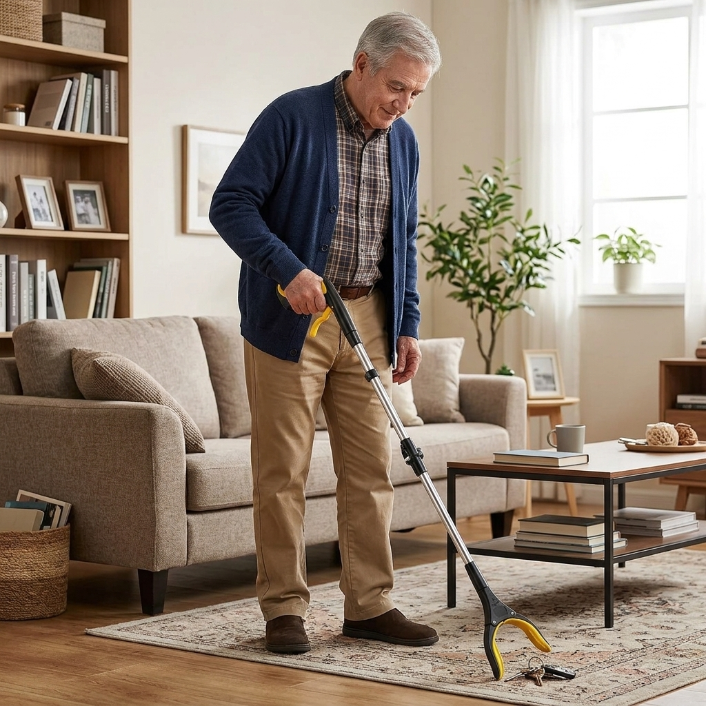 Senior picking up keys with a reacher grabber