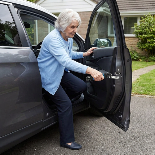 Senior using a car assist handle to stand up from a car