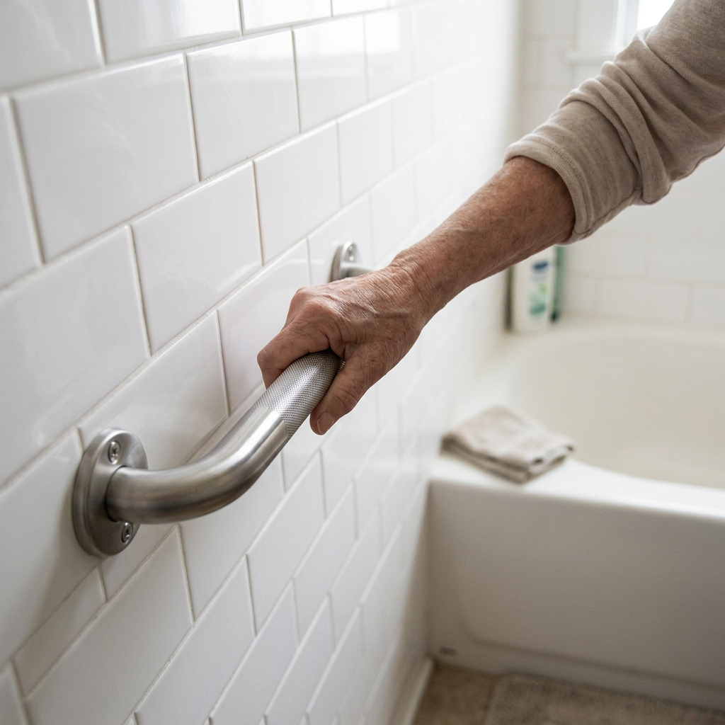 Hand gripping a stainless steel grab bar by the bathtub