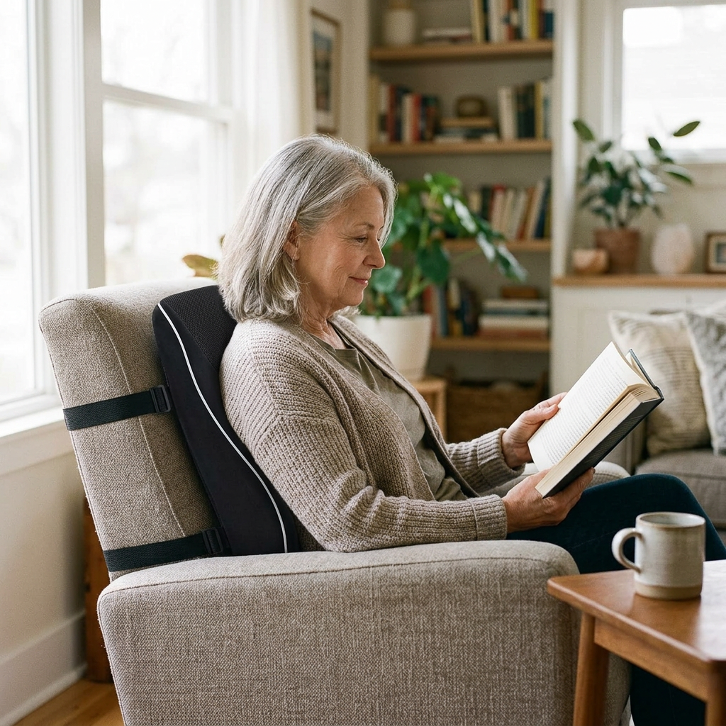 Woman reading in an armchair with a memory foam lumbar support pillow behind her back
