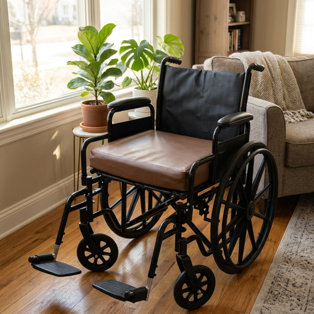 Leather wheelchair seat cushion on a wheelchair in a bright living room