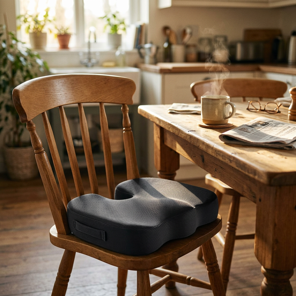 Memory foam tailbone seat cushion on a wooden kitchen chair