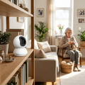 Indoor camera on a bookshelf in a living room