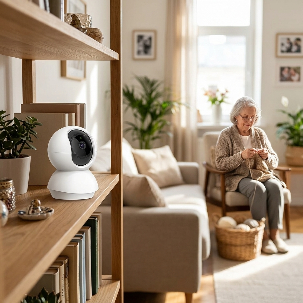 Indoor camera on a bookshelf in a living room