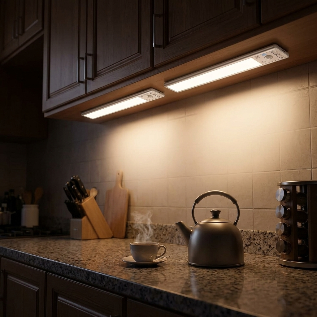 Motion sensor light bars lighting a kitchen counter under the cabinets