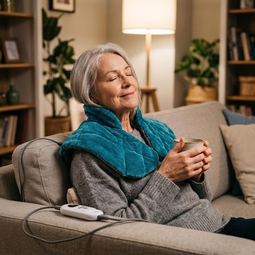 Woman relaxing on the sofa wearing a heated neck and shoulder wrap