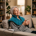 Woman relaxing on the sofa wearing a heated neck and shoulder wrap