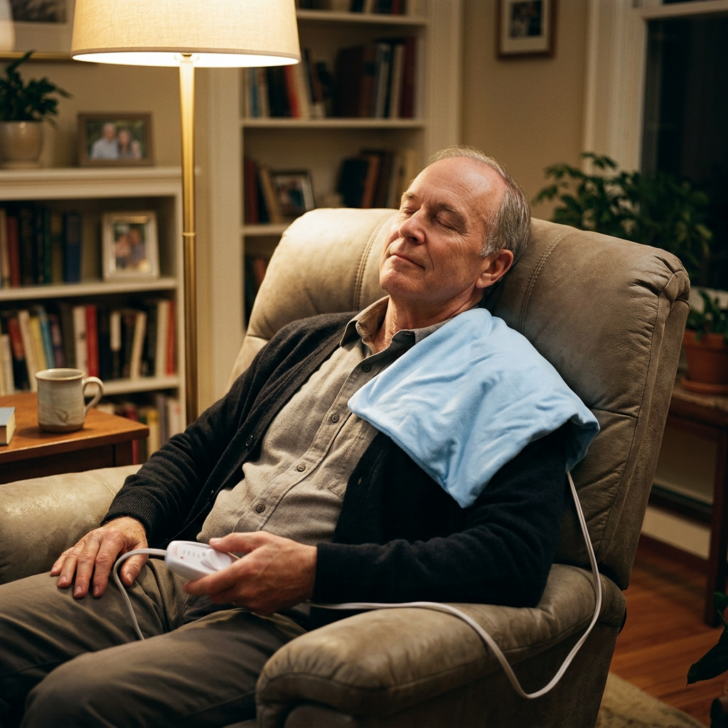 Man resting in a recliner with a Sunbeam heating pad on his shoulder