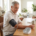 Man checking his blood pressure with an OMRON upper arm monitor