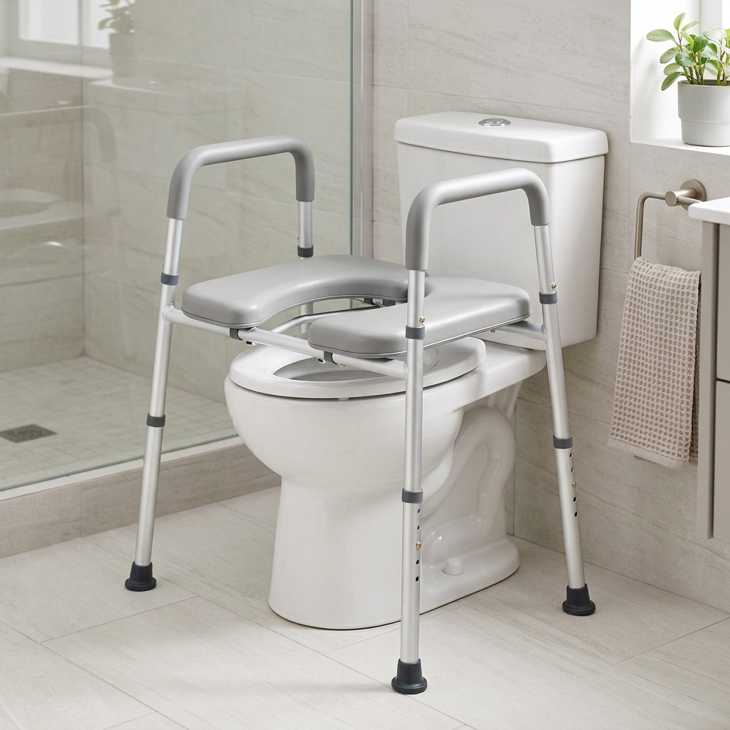 Heavy-duty raised toilet seat with armrests in a bright bathroom