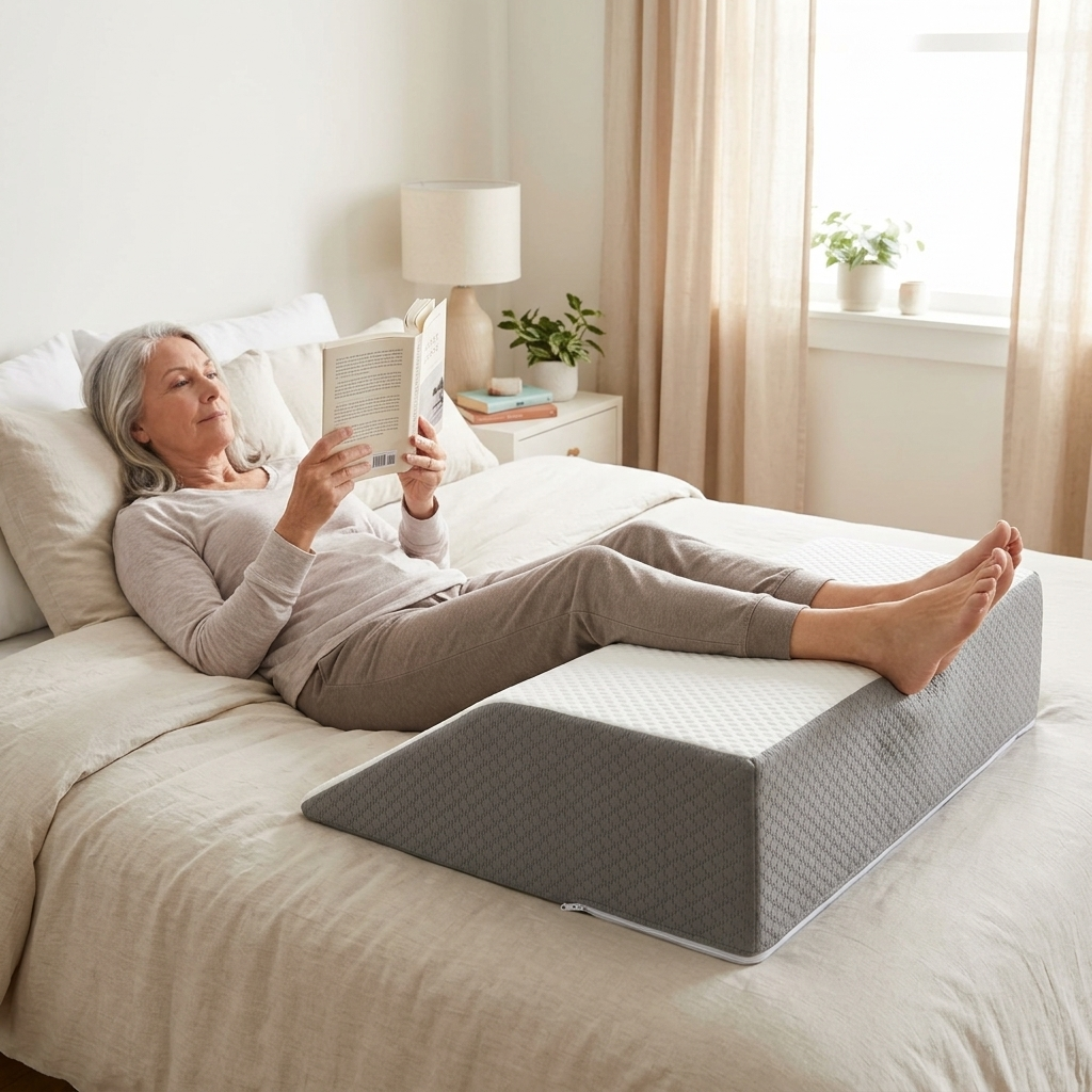 Woman reading in bed with her legs raised on a leg elevation pillow