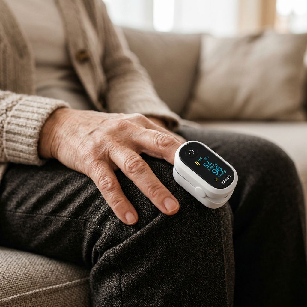 LOOKEE pulse oximeter on a woman's fingertip