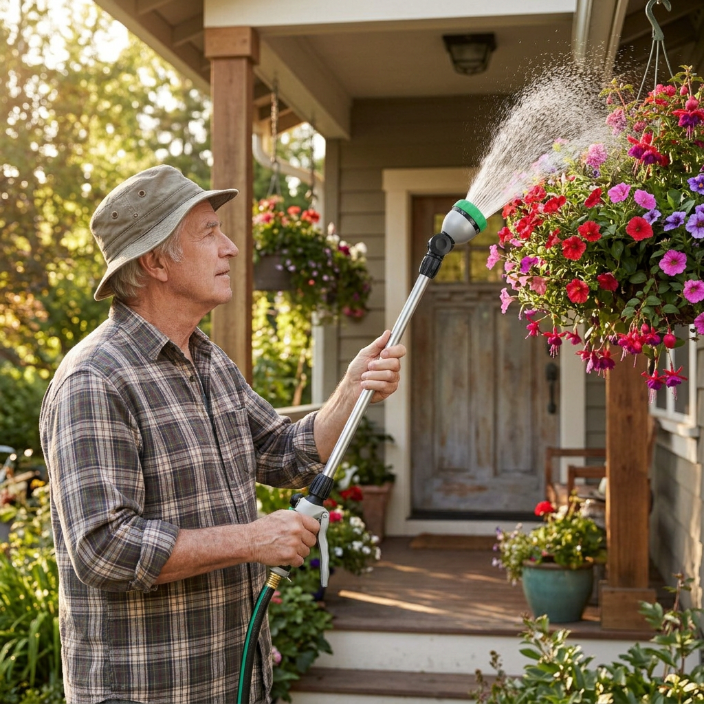 Senior man watering hanging baskets with a metal watering wand