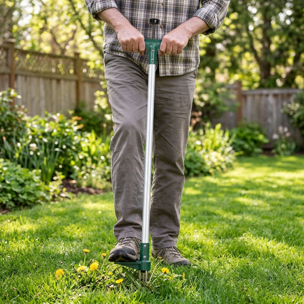Senior man using a stand-up weed puller without bending