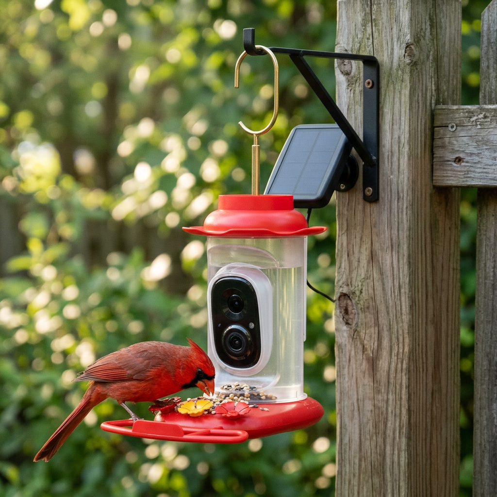Smart bird feeder camera with a cardinal feeding