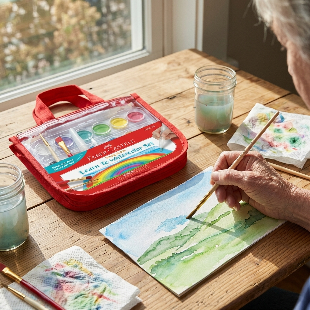 Learn to watercolour set with a landscape painting in progress