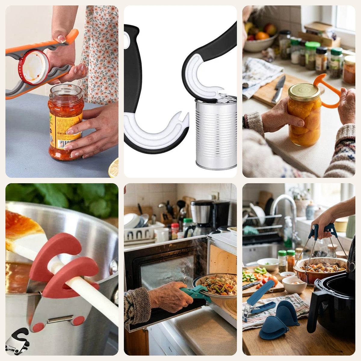 Easy Kitchen Kit: jar opener, can opener, lid openers, spoon clip, plate gripper and hot dish lifters