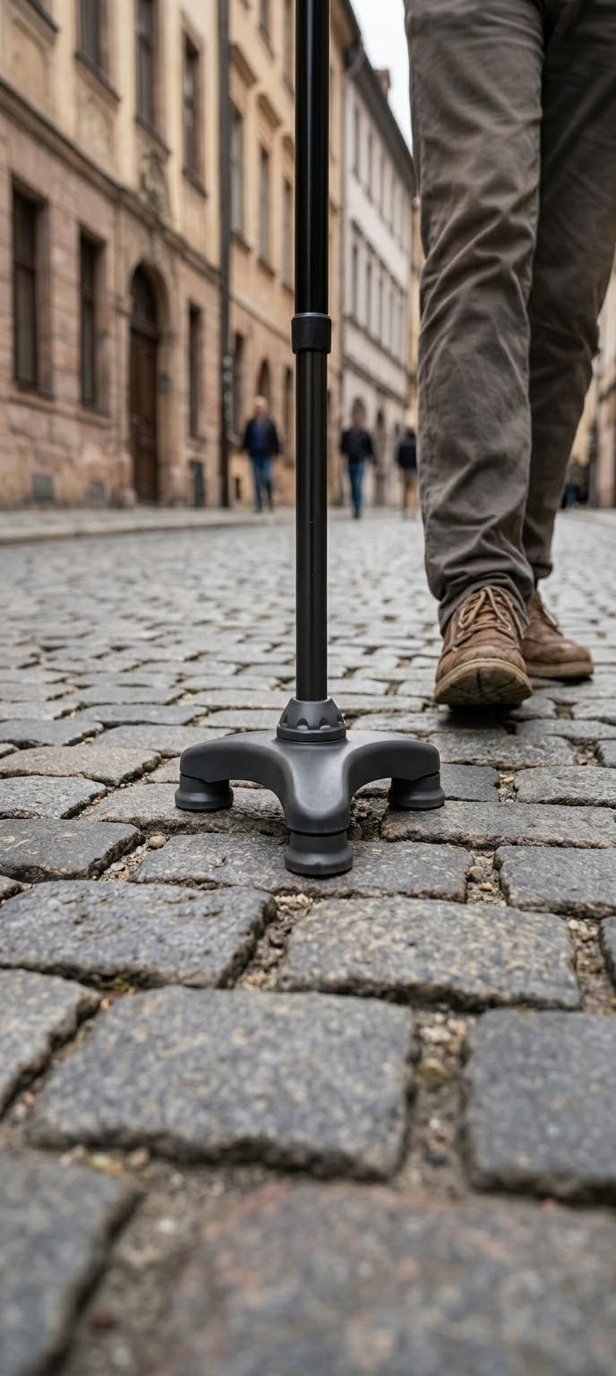 HurryCane three-point base on a cobblestone street